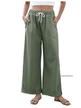 Wide Leg Palazzo Lounge Pants Cotton Drawstring Elastic Waist Pockets